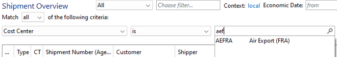 shipment overview filter_costcenter_EN