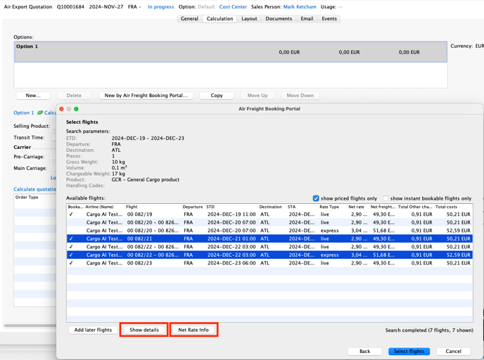 air freight booking portal multiple selection in quotation module